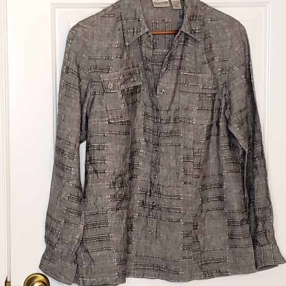 Linen Full Snap Button Down Minimalist Capsule Neutral Shirt 0/small Chico's - Picture 11 of 15